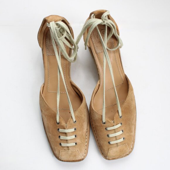 Victoria's Secret Moxi Tan Suede Ankle Lace-Up  Square-Toe Wedge Shoes Size 9.5 - Picture 4 of 6